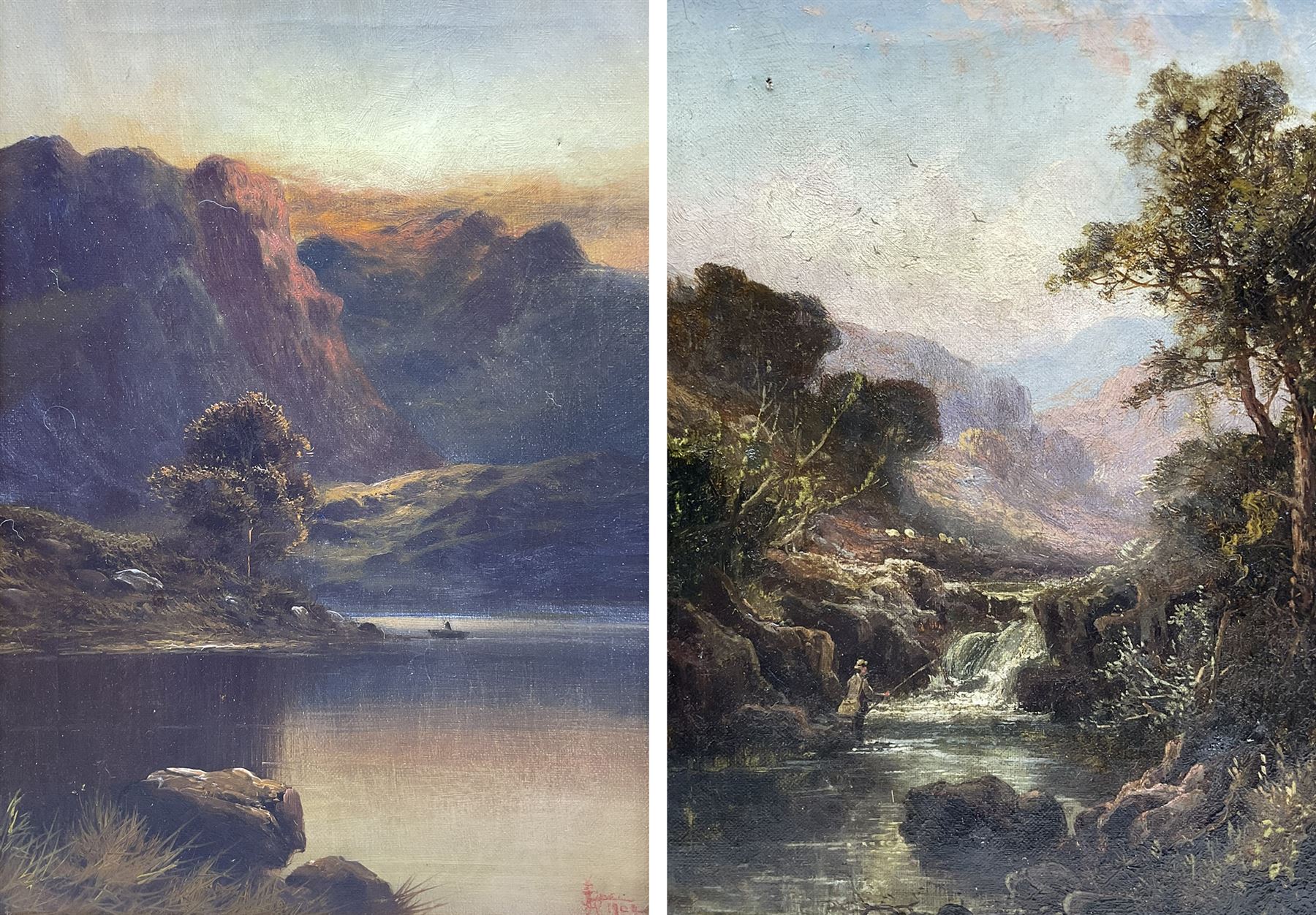 Joel Owen aka Francis E Jamieson (British 1895-1950): 'A Golden Evening - Lochearnhead', oil on canvas signed and indistinctly dated, titled verso, together with a similar oil by another hand indistinctly signed 34cm x 24cm (2)