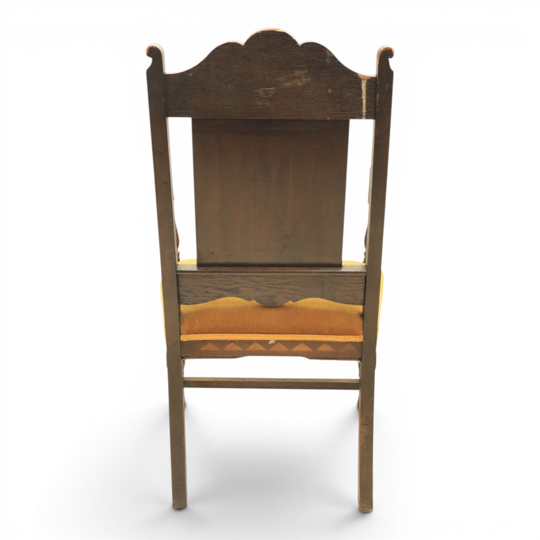 18th century inlaid mahogany armchair, carved back with marquetry panel, overstuffed upholstered seat finished in gold dralon fabric, raised on turned supports united by a stretcher