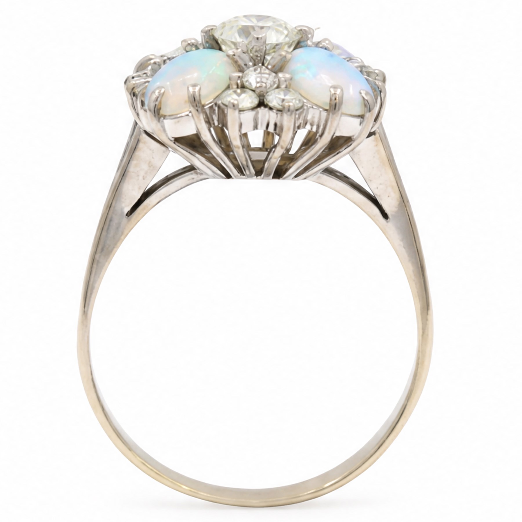 18ct white gold opal and diamond flower head cluster ring, single round brilliant cut diamond of approx 0.45 carat, surrounded by four oval cabochon cut opals and twelve diamonds, total diamond weight approx 0.80 carat