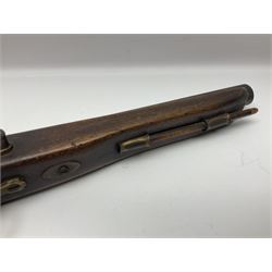 Leather covered swagger/sword stick with 40cm steel blade L62cm overall; another ash sword stick with 30cm diamond section steel blade; pair of fencing foils, the blades marked Solingen; two reproduction flintlock pistols; and 92cm inert cartridge belt (7)