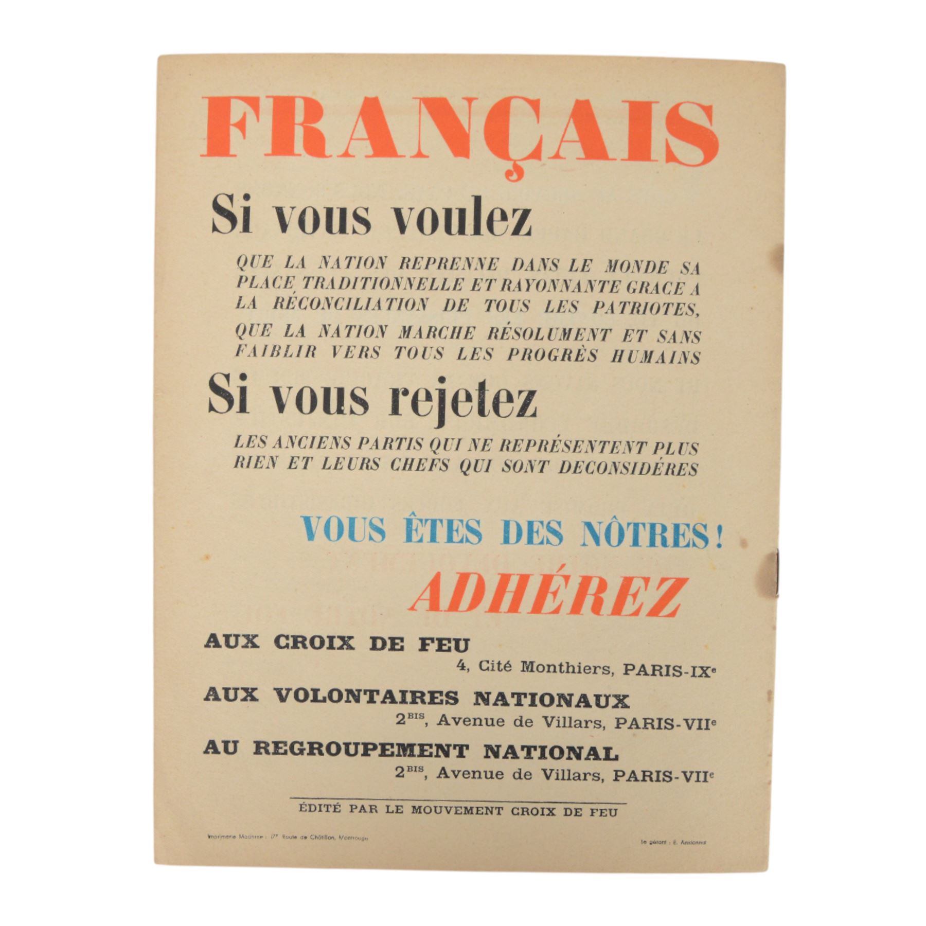 French Croix de Feu paperwork, including Song sheets, L'Ordre Social etc
