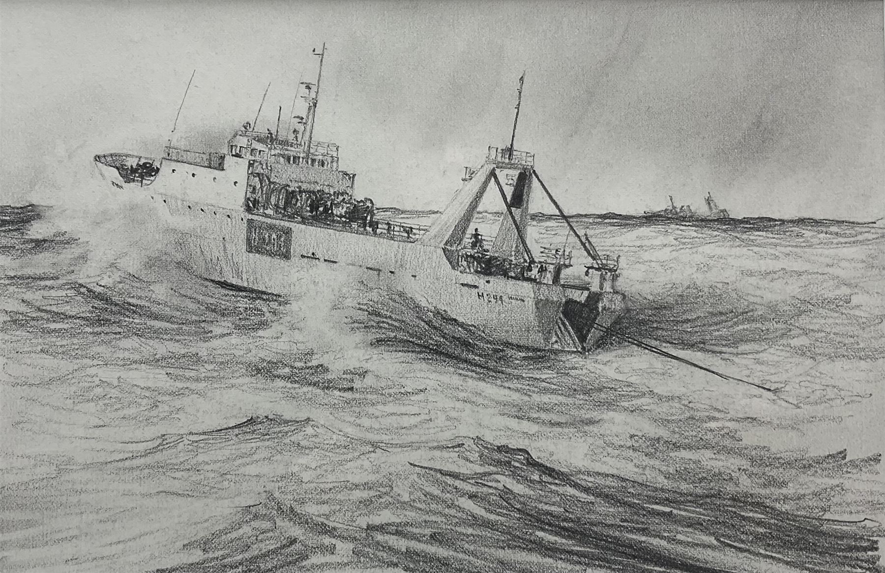 John Steven Dews (British 1949-): Hull Deep Sea Trawler, pencil, signed and inscribed '1980 Amoco Calendar sketch Eleven' verso 19cm x 29cm
Provenance: in the autumn of 1979 Steven accepted a commission from Amoco to execute twelve pictures for their 1980 calendar to reflect the development of the ocean-going vessel from Drake's 