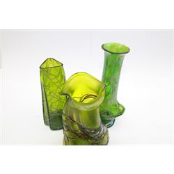 Three Austrian Art Nouveau green iridescent glass vases, to include two Pallme-Konig examples and a Kralik example, each with threaded vein decoration, tallest H25cm (3)