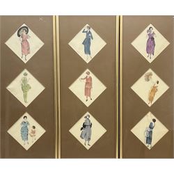 English School (early 20th century): Art Deco and Flapper Girls, set three gouaches on silk unsigned 76cm x 29cm (3)