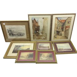 English School (19th century): Ships, pair watercolours signed; Francis Nicholson lithograph; pair oils of moors and pair watercolours of Whitby together with collection pictures (qty)