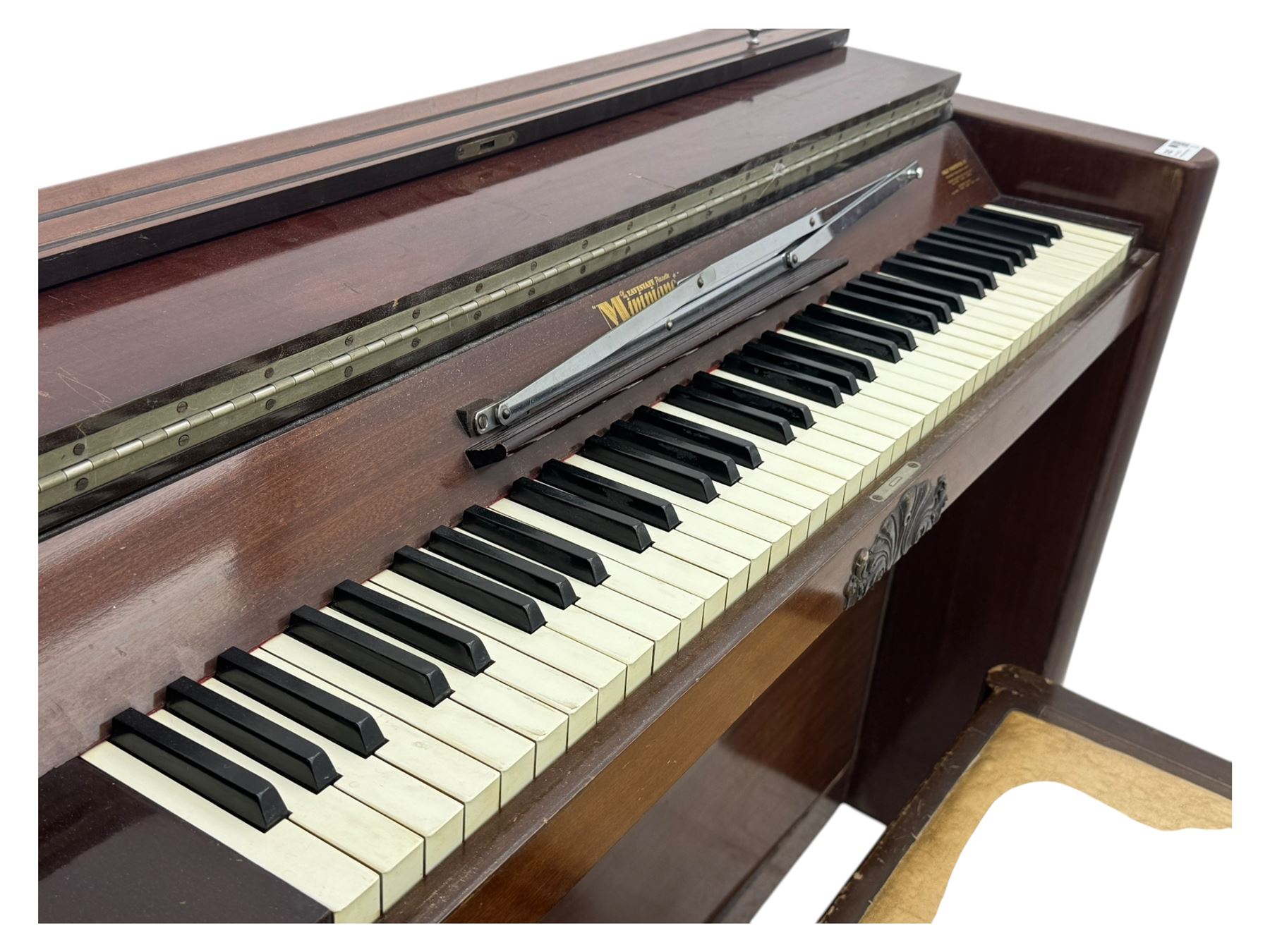 Evestaff - Minipiano early 20th century mahogany cased upright piano, with stool, compact upright form with streamlined mahogany case, full keyboard over two brass pedals, together with matching piano stool