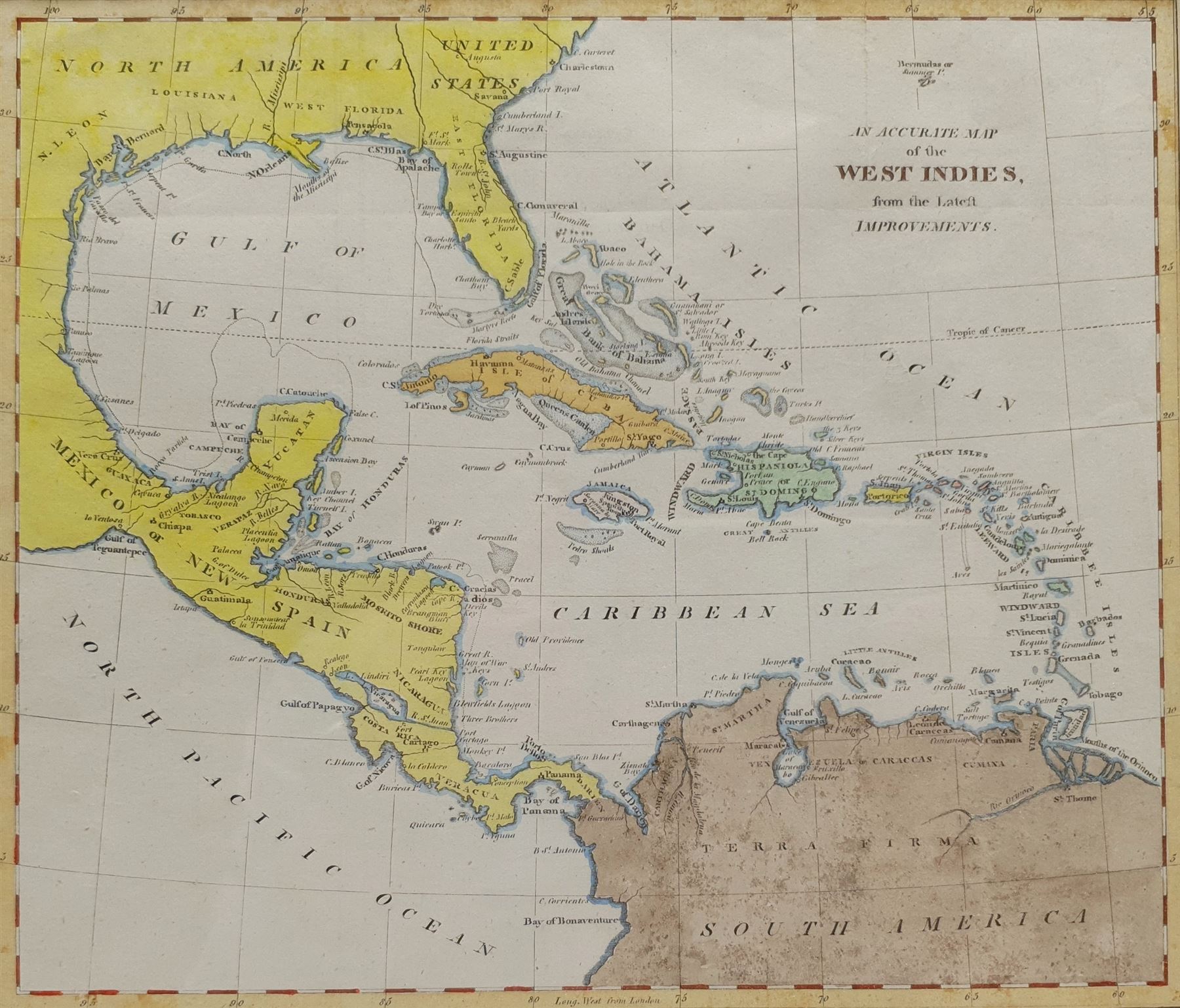 Robert Wilkinson (British fl.1768-1825): 'An Accurate Map Map of the West Indies from the Latest Improvements', early 19th century hand-coloured map 21.5cm x 24cm