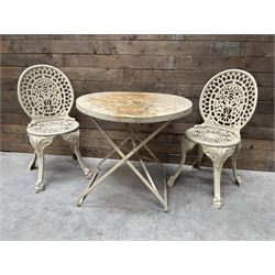 Circular cast aluminium garden table (D74cm, H68cm), and two chairs