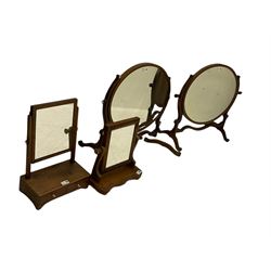 Early 20th century oval mahogany dressing table mirror (W82cm), a similar dressing table mirror, and two small 19th century swing mirrors (4)