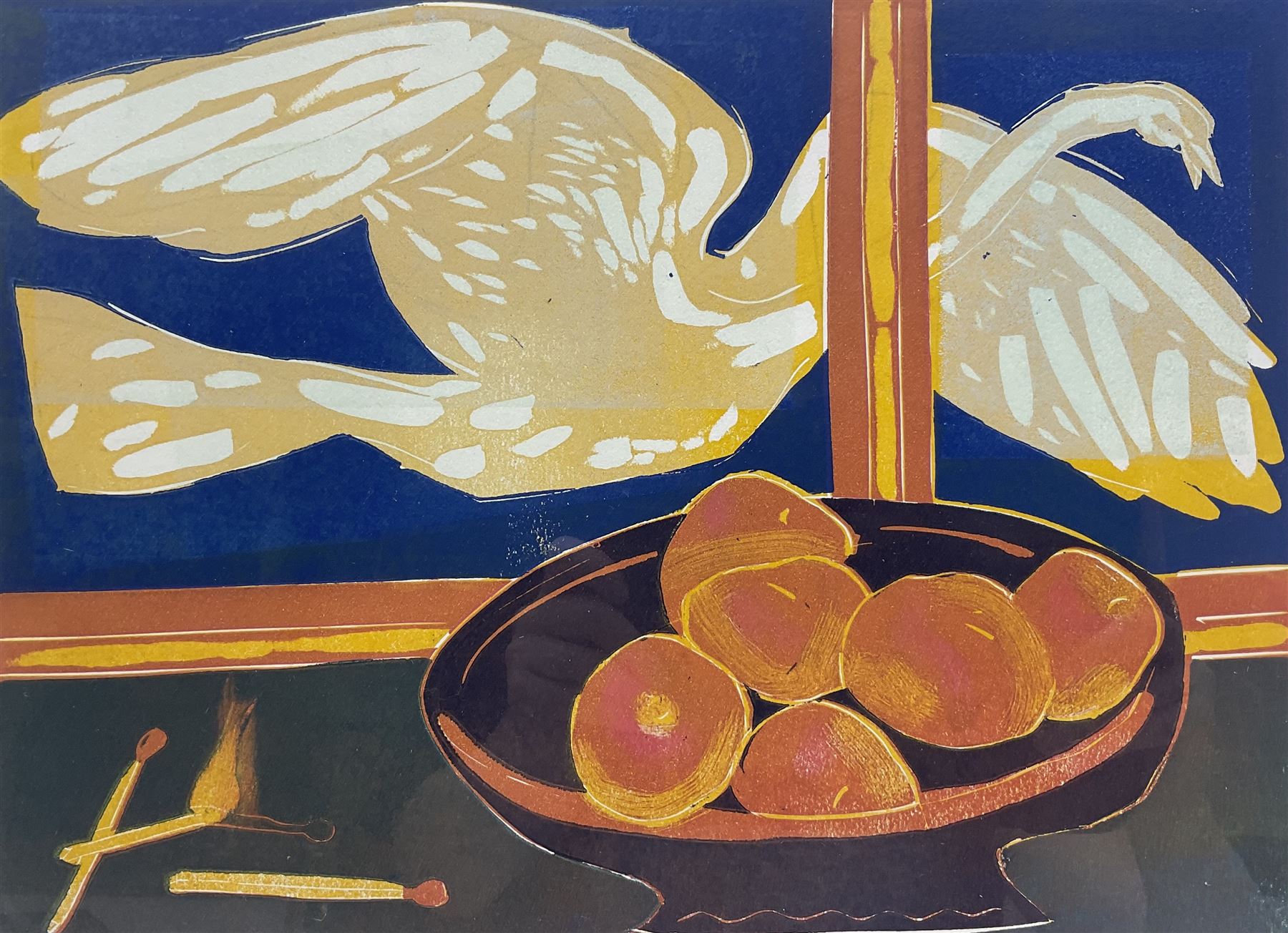 Michael Kirkman (British 1986-): 'Fruit and Flame', linocut signed titled and numbered 17/20 in pencil 30cm x 38cm