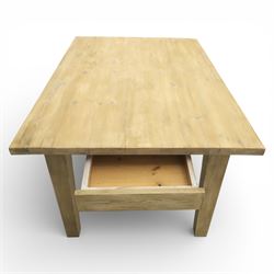 20th century washed pine table, plank top above a single frieze drawer, square tapered supports