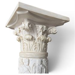 Neoclassical design composite column, square top over composite Ionic and Corinthian capital, the pedestal decorated with hunting and religious procession scenes, waisted and foliate socle on square base