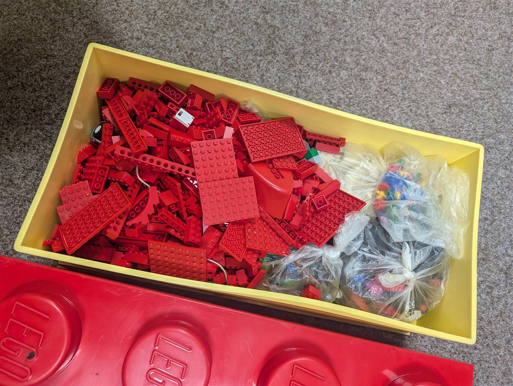 Collection of loose Lego, contained in three stackable Lego brick boxes