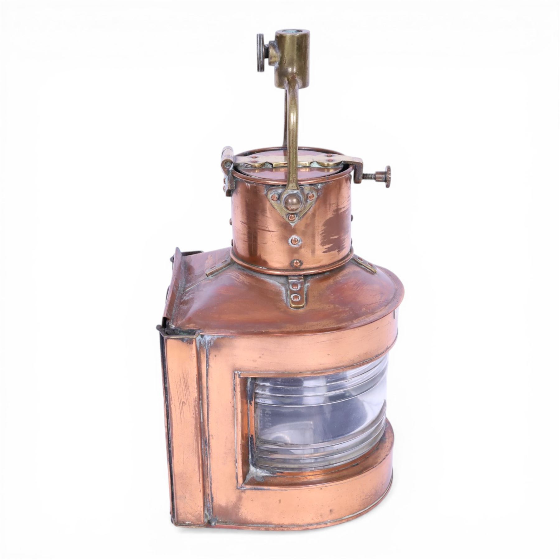 1930s copper and brass ship's masthead lamp, bearing plaque 'Masthead Patt.25A' and inscribed W.T.G. 1939, not including handle H30.5cm