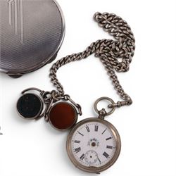 Art Deco silver cased compact mirror, hallmarked W I Broadway & Co, Birmingham 1934, together with Continental silver fob watch, chain, locket and cockerel brooch