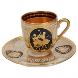Six 20th century coffee cans and saucers, including Meissen, Royal Worcester and Dresden examples, all with internal gilt decoration