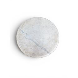 Victorian ornate cast iron garden table, trefoil base with central enclosed column, circular top with later marble, with registration mark