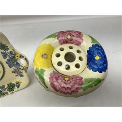 Group of ceramics to include Art Deco examples, Arthur Wood twin handled vase decorated in the Garden Wall pattern, Art Deco style Coalport twin handled lidded sucrier and saucer, Mason's Applique jug (scratch through mark), Royal Doulton Minden bowl and jug, Copeland Spode Royal Jasmine jug, Crown Devon, etc