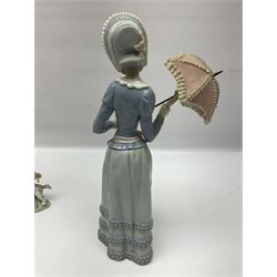 Four Lladro figures comprising Japanese figure Chrysanthemum no. 4990, Gone Fishing no 4809, Girl with goose and dog no 4866 and Aranjuez little lady with parasol, no 4879