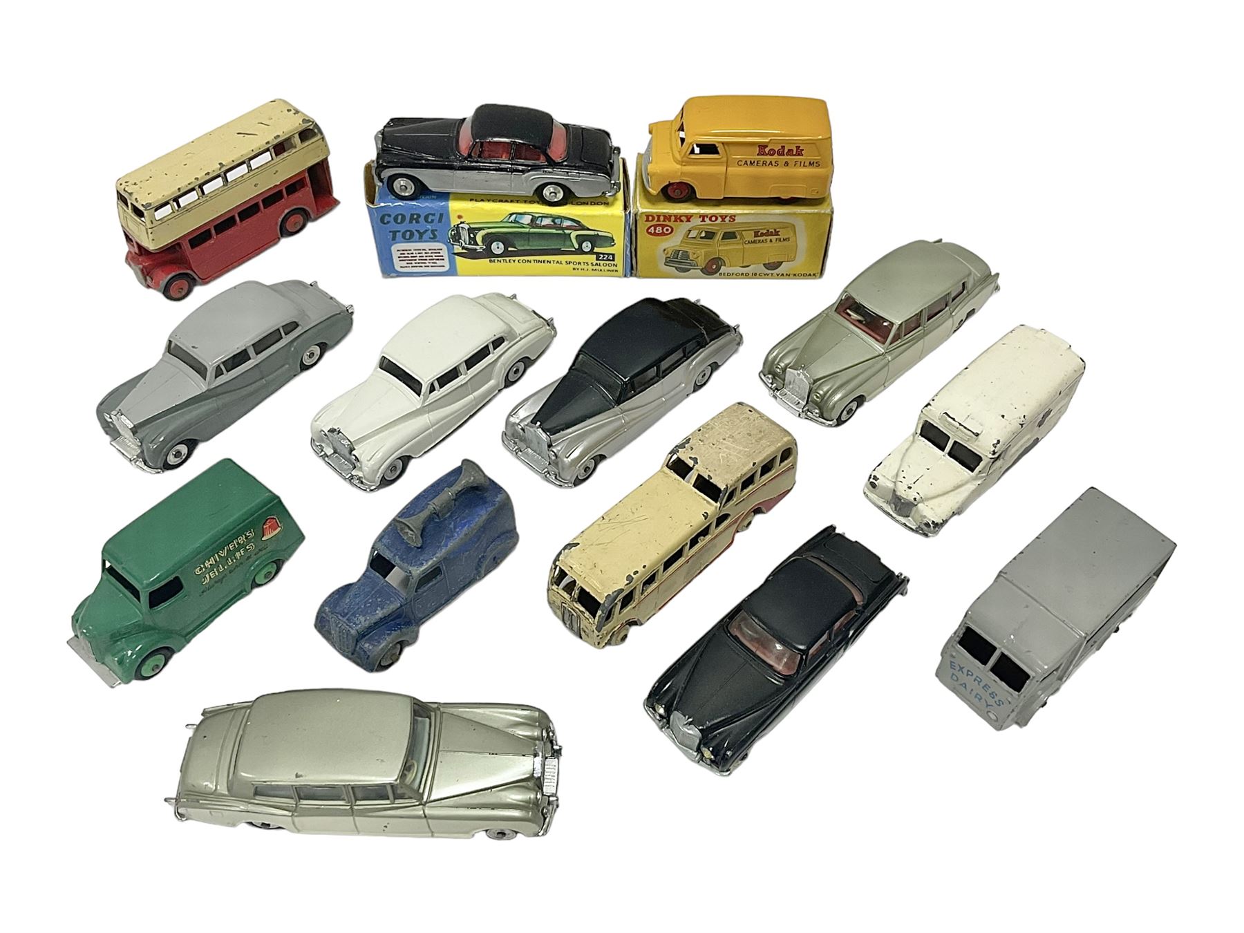 Dinky/Corgi - Dinky Bedford 10cwt Van ‘Kodak’ no.480, boxed; Corgi Bentley Continental Sports Saloon no.224 in replica box; along with further loose, playworn and repainted models to include Dinky Rolls-Royce Silver Wraith and Phantom V models etc 