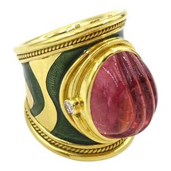 Elizabeth Gage 18ct gold tourmaline and diamond tapered Templar ring, the carved oval pink tourmaline cabochon with a round brilliant cut diamond set either side, the band featuring green guilloche enamel and the edges finished with wire-twist-wire decoration, London 1994, in original box