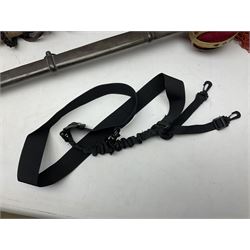 Reproduction Scottish officers basket hilt broad sword, the brass basket pierced with heart-shaped motifs lined with red lining, together with a reproduction Japanese Katana sword, longest L110cm