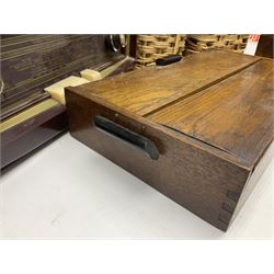 Early 20th century burr walnut tea caddy, Art Deco wooden box, wicker basket with bottle holders and a 1950s Stella radiogram