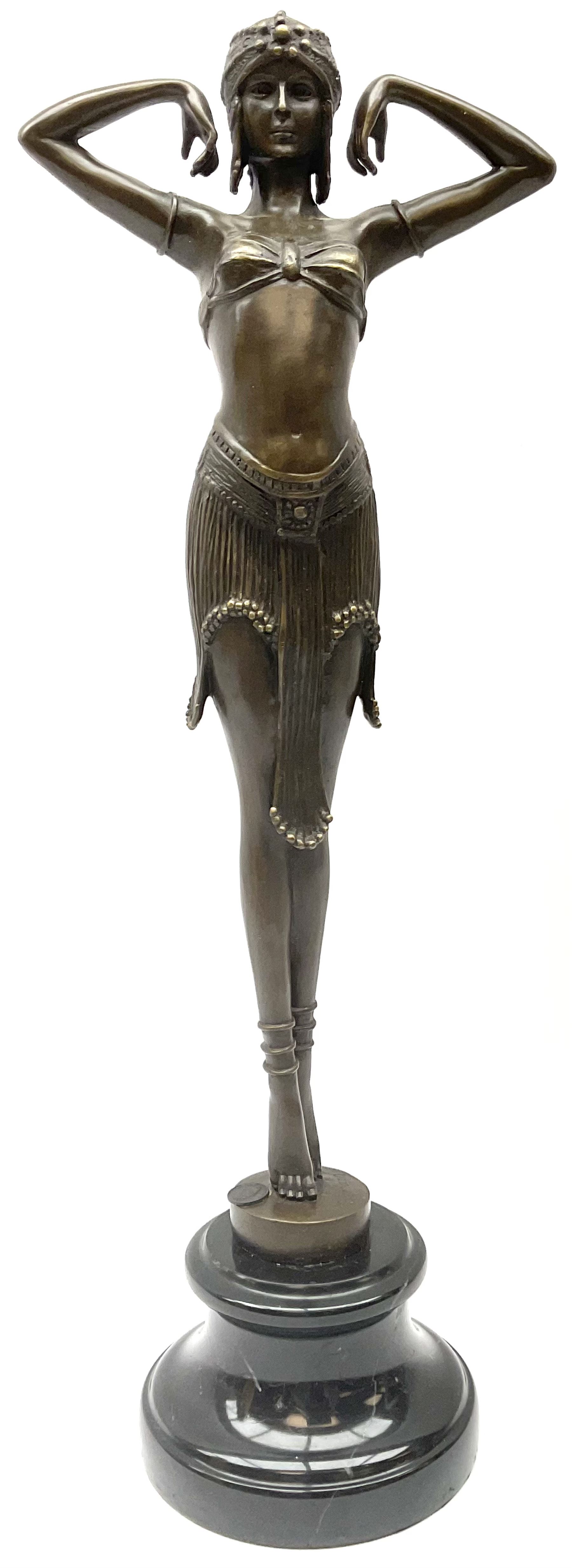 Art Deco style bronze figure of a dancer, after 'Berrard', raised upon a circular base, with foundry mark, H49cm