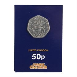 Queen Elizabeth II 2009 Kew Gardens fifty pence coin, from circulation, on Change Checker card