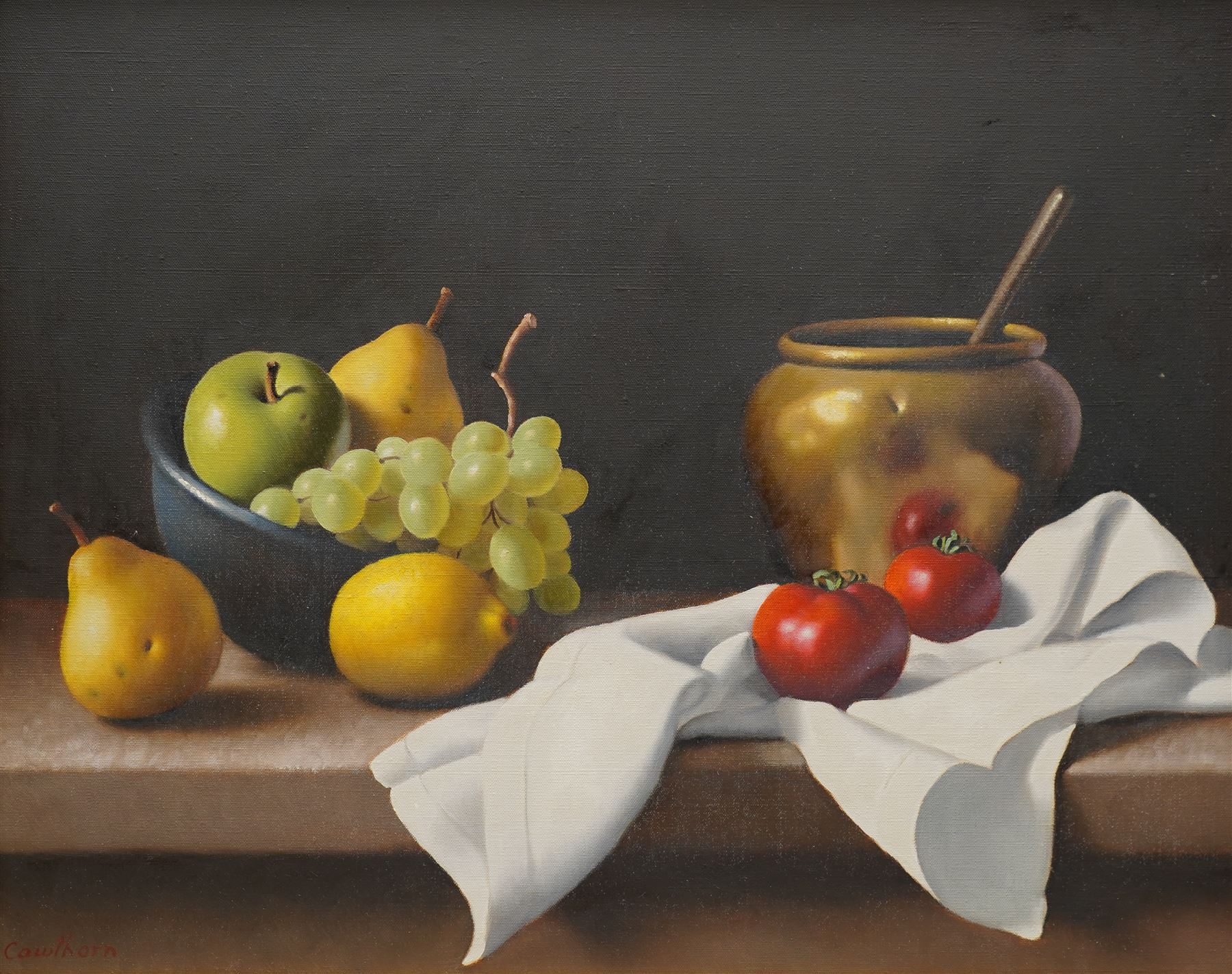 Christopher Cawthorn (British 20th century): Still Life with Fruit and Brass Pot, oil on canvas signed 39cm x 49cm