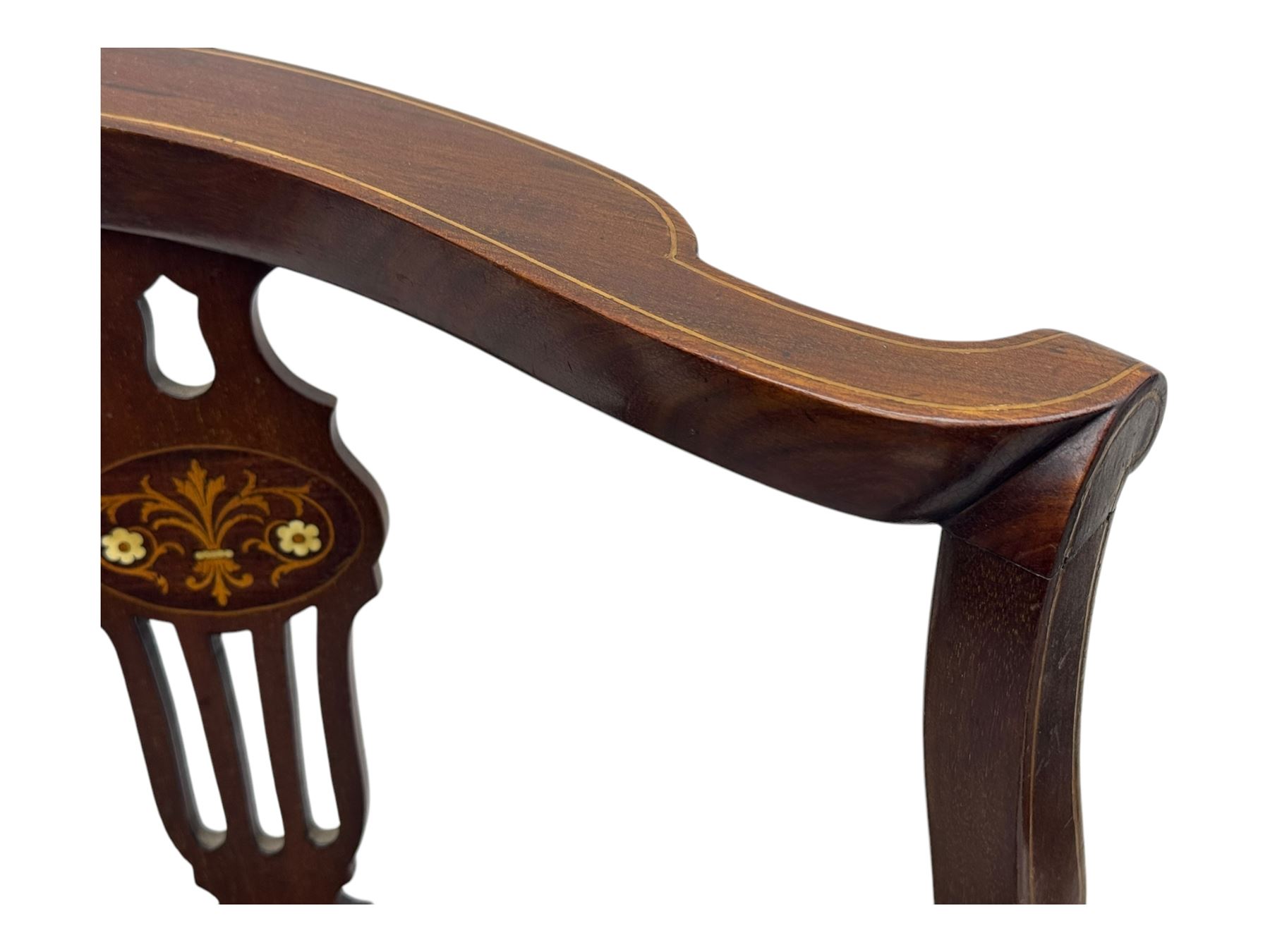 Edwardian inlaid mahogany corner chair, curved arms on shaped splat supports inlaid with satinwood, on turned supports (W60cm, H75cm); Edwardian inlaid mahogany tub-shaped armchair, the cresting rail inlaid with scrolling acanthus leaves and flower heads, on square tapering supports with spade feet (W58cm, H80cm)