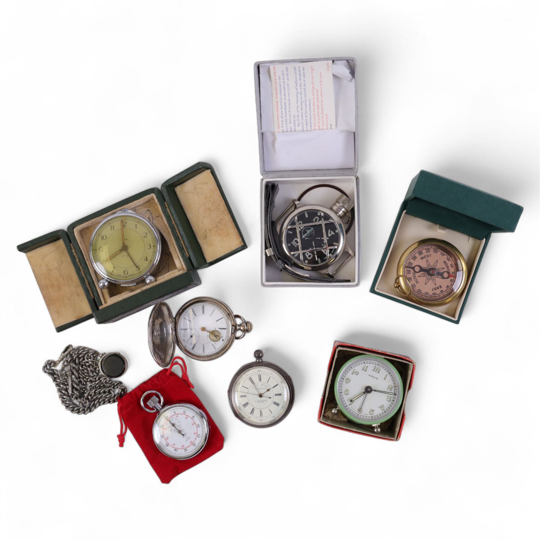 Open faced silver cased pocket watch, together with hunter pocket watch, albert chain, Ebosa clock, etc