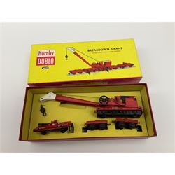 Hornby Dublo - Breakdown Crane No.4062 boxed with screw jacks; D1 Girder Bridge, boxed; and T.P.O. Mail Van Set, boxed with instructions, mail bags, switch and tested tag (3)