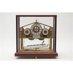  Devon Clocks - Congreve type brass 'Rolling Ball' clock, with Arabic hour, minute and second dials, four turned pillar supports, on mahogany plinth, under glass, designed by Sir William Congreve in 1808, with assembly kit and instructions, W23cm, H23cm, D15cm  
