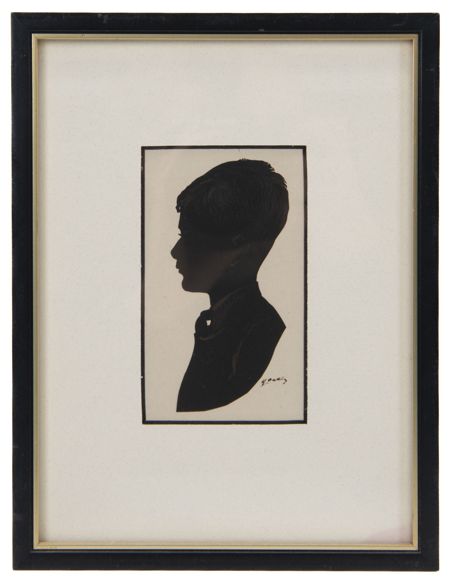 Capt. Harry Lawrence Oakley (British 1882-1960): Mother Father and Two Children, set of four family watercolour silhouettes highlighted in gold pen and pencil signed 11cm x 6cm (4)
Notes: Oakley born in Poppleton York, the son of a chemist who opened shops on Coney Street and Fulford Road. He showed talent for drawing and silhouette cutting from an early age and went on to study art at York School of Science and Art, Leeds School of Art and then the Royal College of Art in London where he was awarded the ARCA diploma in 1908.
He designed the 'Think' poster in collaboration with the North Eastern Railway company in York which then became an official war poster and was used throughout Britain, Australia and Canada. Oakley’s figure of the advancing soldier became an iconic image and was adapted and used in many forms. This success led to further commissions, including the “Remember” poster which was used to recruit men for the Royal Navy.
Oakley served in the Green Howards during the the First War. Each year, between 1920 and 1958, holidaymakers walking along the pier at Llandudno North Wales, could have stopped at a booth to have their silhouette portrait painted or cut by Mr H. L. Oakley, otherwise known as the 'Man with the Magic Scissors'.  