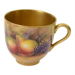Two Royal Worcester fruit painted miniature cabinet cups and saucers, the first example interior hand painted with apples and blackberries upon a mossy ground, the cup exterior and centre of saucer gilded, cup signed W. Hale and saucer signed G. Mosley, each with puce coloured printed marks beneath, the second example, exterior hand painted with pears and blackberries upon a mossy ground, the cup interior and centre of saucer gilded, cup signed Rushton and saucer signed W. H. Austin, each with puce coloured printed marks beneath, largest H6cm