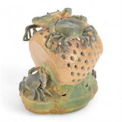 20th century Palissy style basket, modelled as a lobster pot, with crab, H26cm