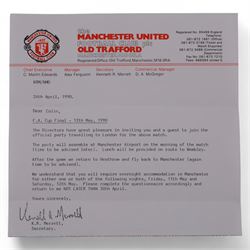 Manchester United football memorabilia relating to Colin Appleton, former Leicester City captain and Scarborough FC manager, including two letters from Manchester United club secretary Ken Merrett inviting Colin to join the official party for the European Cup Winners Cup Final between Manchester United and Barcelona, Rotterdam 1991 and the FA Cup Final 1990, two programmes for the above European cup match and three Rotterdam rosettes, ticket stubs for the 1991 Rumbelows League Cup finals and an Official Staff Party itinerary for this match, Challenge Cup Final Tie 1990 ticket stubs, three representative passes, boarding passes and plane tickets