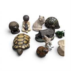 Collection of 33 small glazed cast stone garden animals and figures