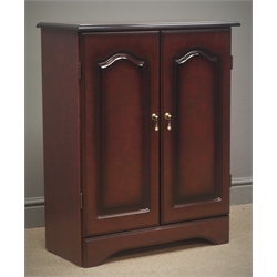  Mahogany cabinet, two shaker style doors enclosing fitted interior, shaped plinth base, W66cm, H83cm, D34cm  