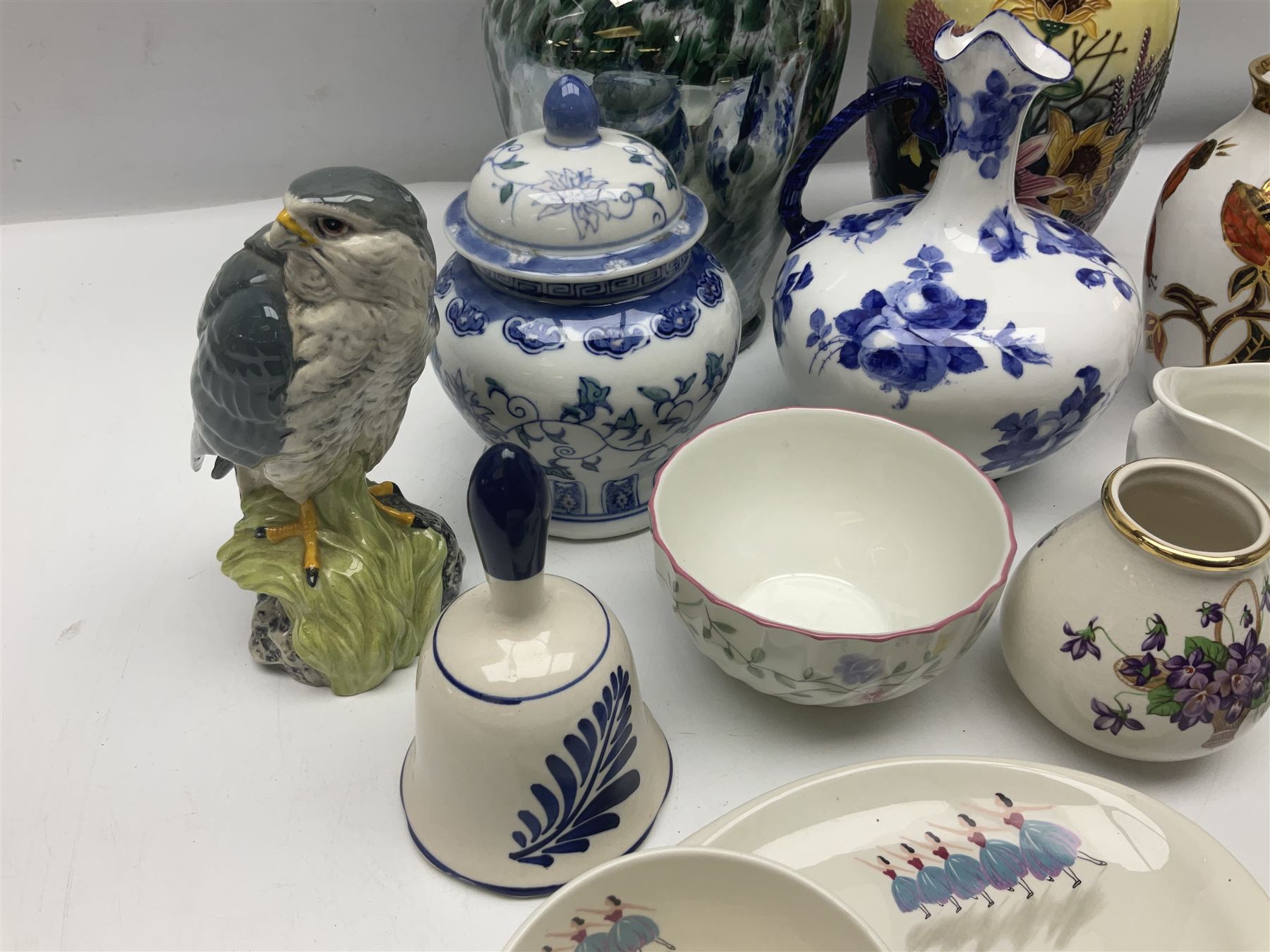 Royal Crown Derby ewer, decorated with blue roses on a white ground, together with Old Tupton vase, Beswick cup and saucer etc  