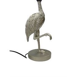 Composite silver effect table lamp, modelled as a flamingo, with grey velvet shade, H65cm
