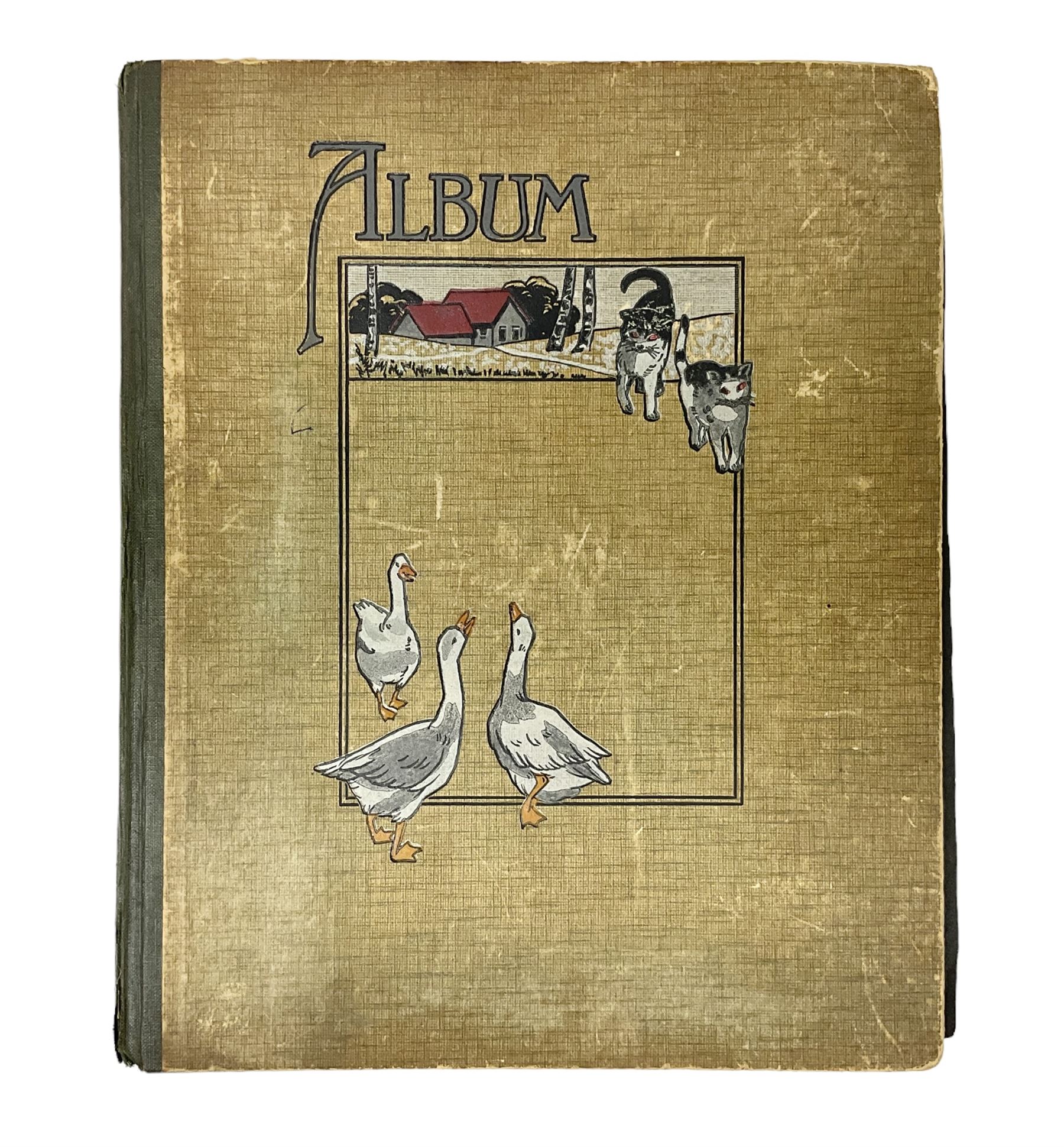 Victorian scrapbook containing twenty-six double sided pages and two fixed end pages of various fixed decoupage to include clippings of maritime interest, greeting cards, portraiture, flowers, animals etc, 