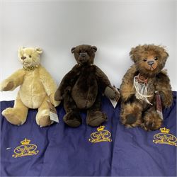 Three Cotswold Bear Company limited edition teddy bears - two in the Artists Gallery Series, 'Truffle' No.44/100 H28cm and 'Butterscotch' No.75/100; and Wild Collection Series 'Rocky' No.16/100; all with certificates and bags (3)