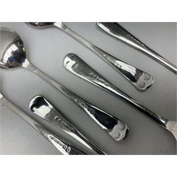 Set of three Yorkshire Miniature Rifle Association hallmarked silver and enamel fob medals, Birmingham 1925, 1926 & 1929; together with six silver plated coffee spoons each engraved with crossed rifles to the terminal (9)