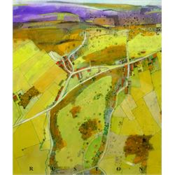 Russell Lumb (British 1946-): 'Ruston', mixed media semi-abstract map titled, signed with monogram and dated '15, artist's address label verso 34cm x 29cm