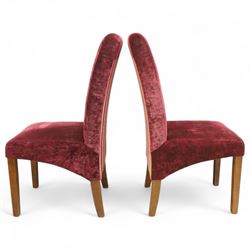 Willis & Gambier - mahogany extending dining table, rectangular top with rounded corners on cabriole legs, with two 35cm extension leaves, four Willis & Gambier upholstered high back chairs and four mahogany chairs, upholstered in a stripped multi-coloured velvet fabric, with scroll-shaped top rail, lyre-shaped back splat on cabriole legs, chairs W46xD91x97cm (11) 