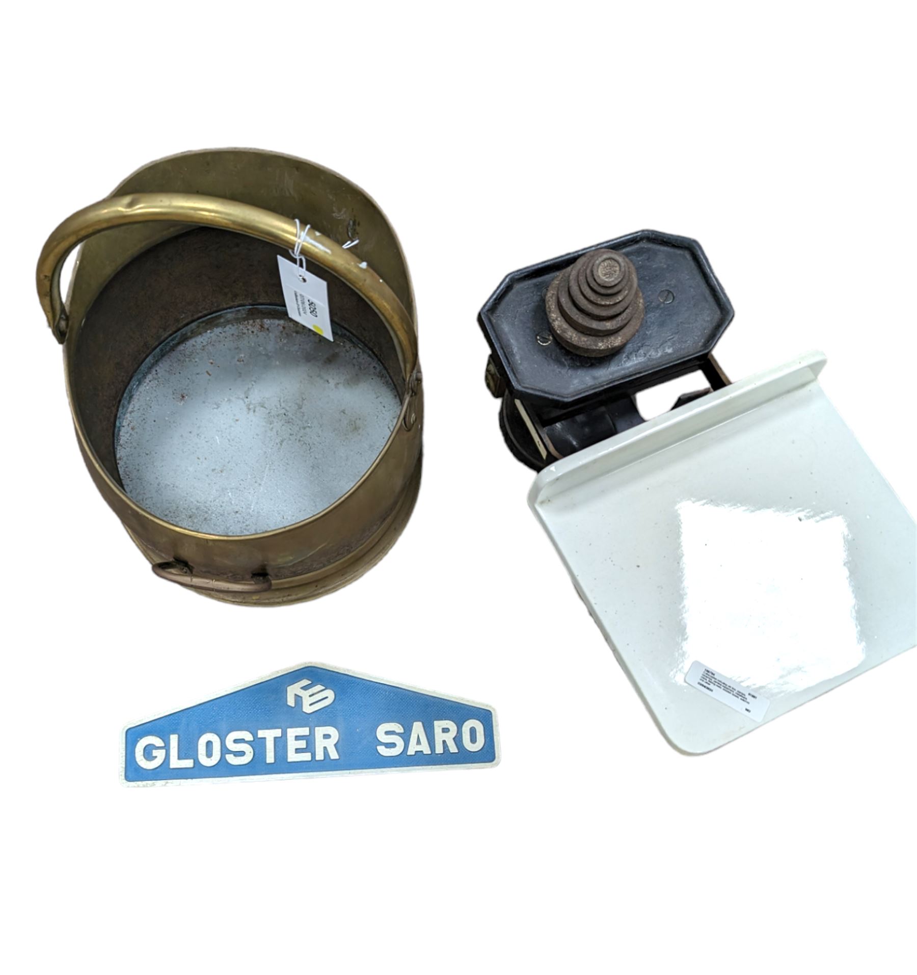Gloster Saro Bedford aircraft refueller plaque, together with a brass coal bucket and a set of metal weighing scales, plaque 31cm x 10cm