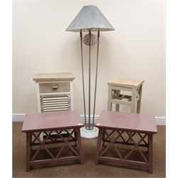  Pair painted lamp tables, out splay square supports (W54cm, H43cm, D38cm) a lamp table, single drawer and cupboard (W45cm, H76cm, D35cm) another lamp table and a standard lamp (5)  