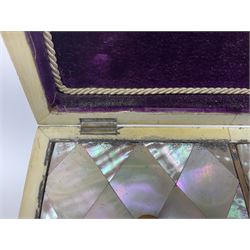 Victorian mother of pearl tea caddy, of rectangular bow-fronted form, the body with floral, bird and geometric engraved mother of pearl panels, white metal shield plaque to the cover inscribed with the initials G.J.A and similar escutcheon, the two division interior with ivory edging and two panelled mother of pearl lids, on four vegetable ivory bun feet L20cm, together with a similar style mother of pearl card case (2) This item has been registered for sale under Section 10 of the APHA Ivory Act